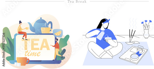 Tea Break Flat Character Illustration Relaxation Mindful Ritual Set