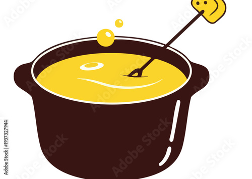 A brown pot of melted cheese fondue.