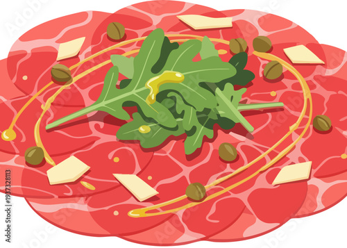 Delicious carpaccio dish with cheese and greens.