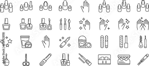 manicure, nails, beauty, line, icons, collection, nailcare, polish, salon, grooming, minimal, outline, vector, cosmetics, hands, spa, treatment, design, tools, set