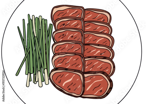 A plate of grilled meat and green onions.