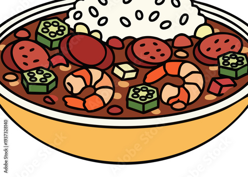 A bowl of spicy jambalaya with rice.