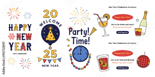 Happy New Year 2025 Celebration Graphics with Fireworks, Drinks, and Festive Invitations – Modern Colorful Vector Designs for Party Flyers and Holiday Events