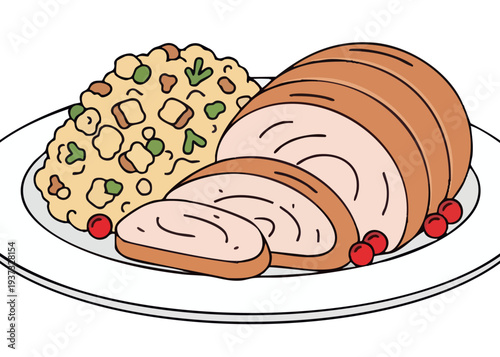 A plate of sliced turkey with stuffing.