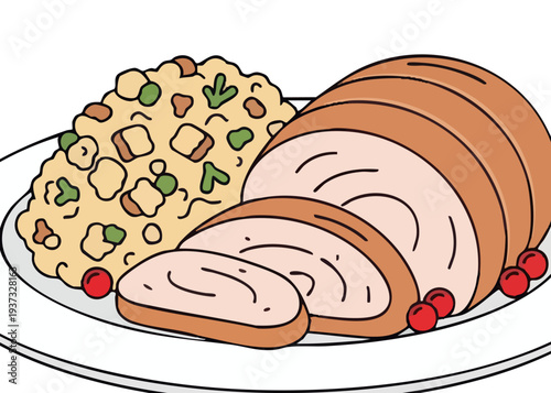 A plate of sliced turkey with stuffing.