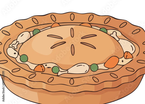 A cartoon illustration of a delicious pie with a golden crust and colorful filling.