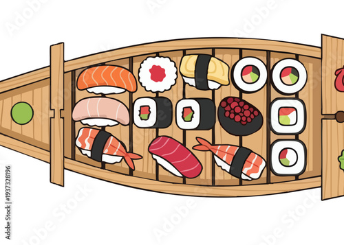 Assorted sushi pieces arranged in a wooden boat.