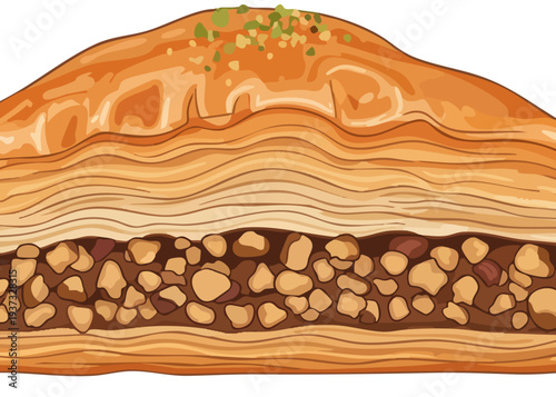 A delicious layered pastry with nuts and green topping.