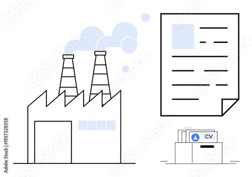 Employment process. Employment ed by factory and job application document. Employment overview including CV folder and hiring elements. For HR, recruitment, job search, hiring management, career