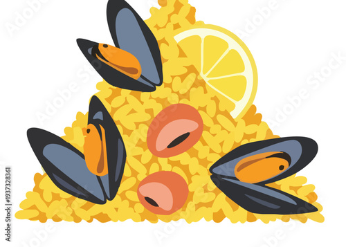 Vibrant Seafood Paella with Mussels and Lemon Slice.