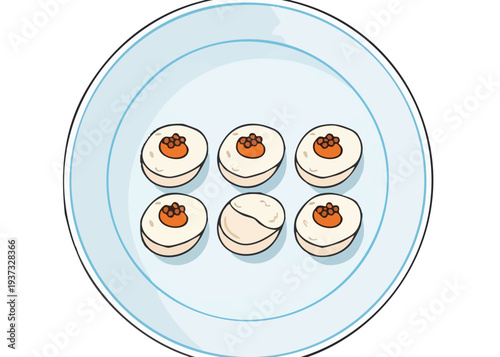 Six small round cookies on a light blue plate.