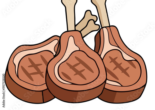 Three grilled lamb chops with bones, cartoon style.