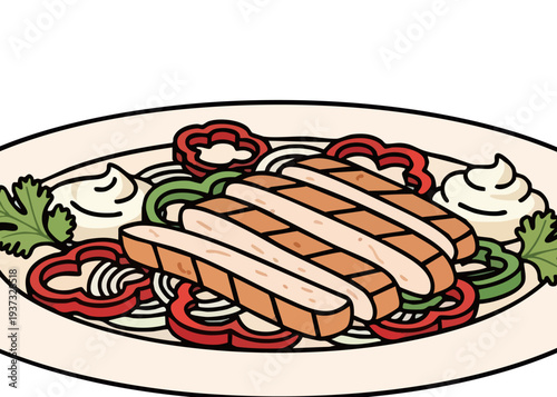 Delicious grilled chicken breast with sautéed peppers and onions on a plate.