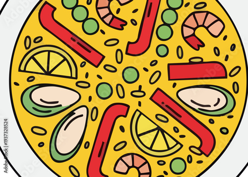 Colorful cartoon pizza with seafood and vegetables on a plate.