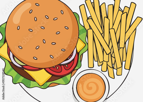 Delicious cheeseburger with fries and dipping sauce on a plate.