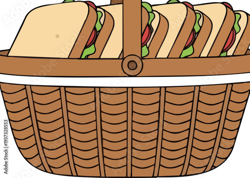 Picnic basket with sandwiches and fresh vegetables.