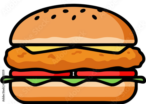 A cartoon-style illustration of a hamburger with a beef patty, cheese, lettuce, and tomato on a bun.