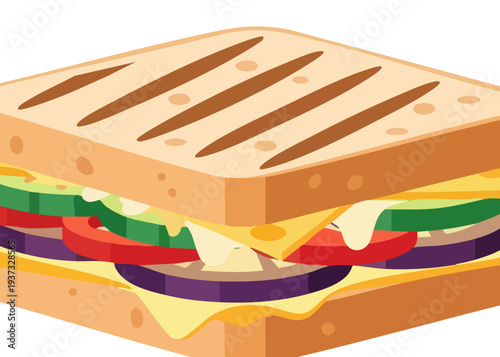 A colorful sandwich with various fillings and toasted bread.