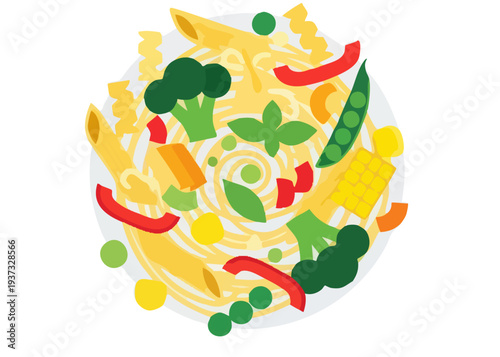 Colorful Vegetable Noodle Dish with Fresh Herbs and Spices.