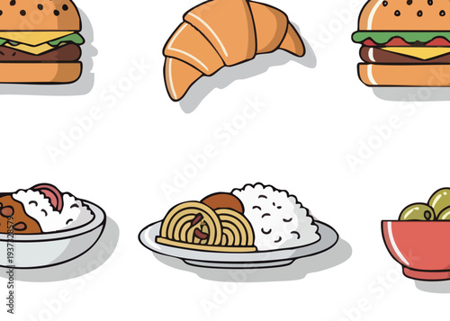 Assorted cartoon food illustrations including burgers, croissant, and various dishes.