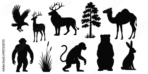 Assortment of Animal Silhouettes and a Pine Tree on White Background wildlife nature