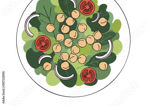 Fresh green salad with chickpeas and tomatoes on a white plate.