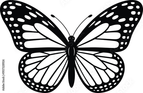 Black and white monarch butterfly silhouette with detailed wings and antennae Keywords: butterfly, monarch butterfly, insect