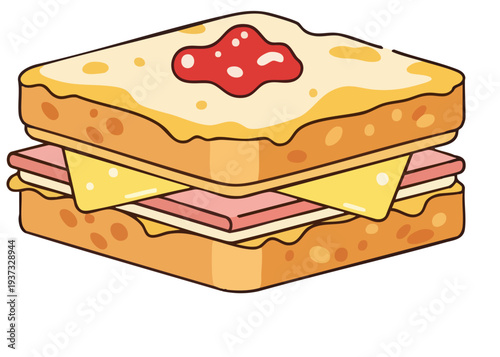 A cartoon illustration of a ham and cheese sandwich with ketchup on top.