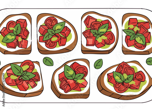 Bruschetta with tomatoes and basil on toasted bread.