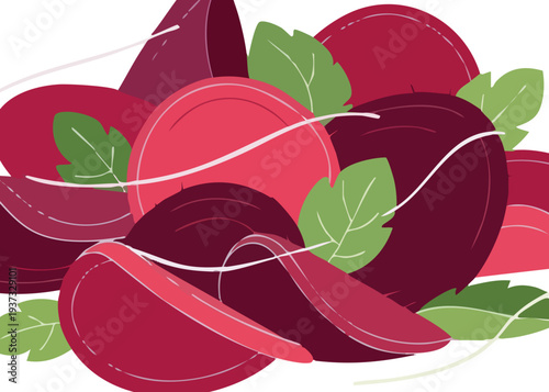 Vibrant Beetroot Slices with Fresh Green Leaves.