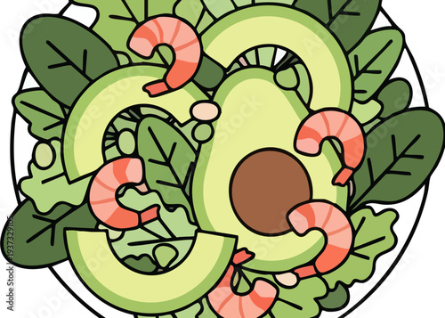 A vibrant cartoon salad with shrimp and avocado slices on a bed of greens.