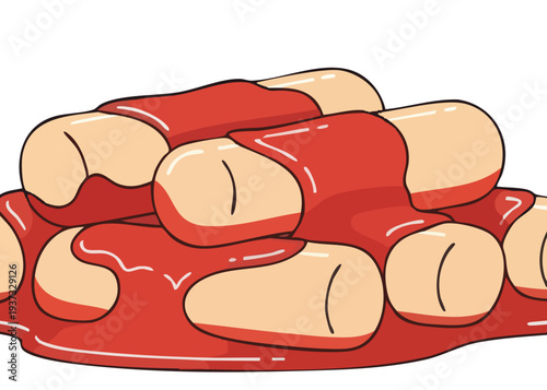 Bloody fingers with red liquid on white background.