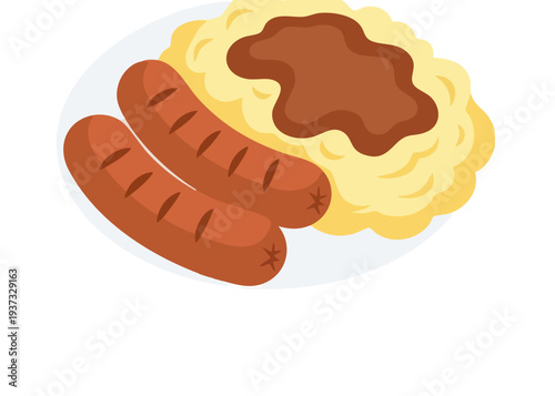 Illustration of sausages with mashed potatoes and gravy on a plate.