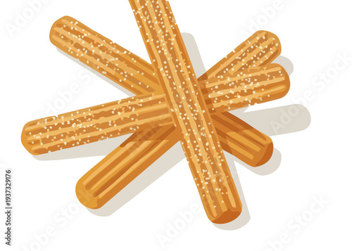 Golden crispy churros sprinkled with sugar on white background.