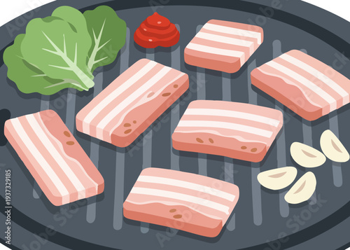 Grilled Samgyeopsal with Garlic and Vegetables on a Barbecue.