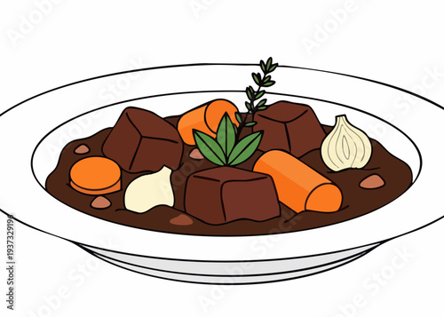 Delicious Beef Stew with Carrots and Herbs in a Bowl.