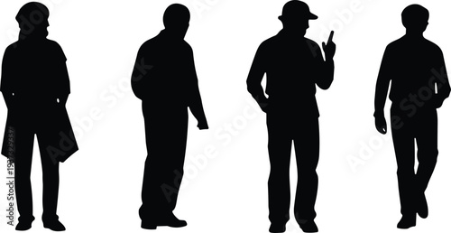 Men silhouettes set, four casual people standing, walking, man in hat, man in coat, various poses, isolated vector.