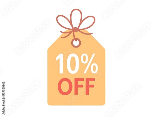 Tag with '10% OFF' written on it, tied with string on white backdrop