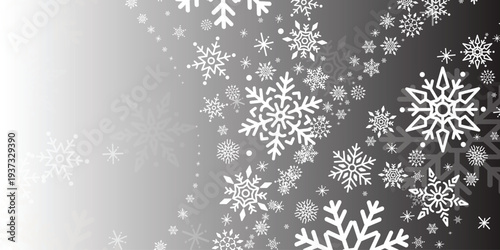 White snowflakes on gray and black gradient background with winter decorative elements