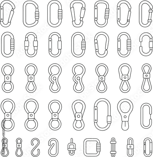 Metal hardware collection, carabiners, snap hooks, swivels, connectors, climbing gear, industrial rigging, load securing, technical illustration, equipment design