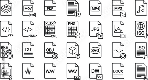 Large set of black and white document file format icons including PDF JPG DOC and code extensions for web interface design.