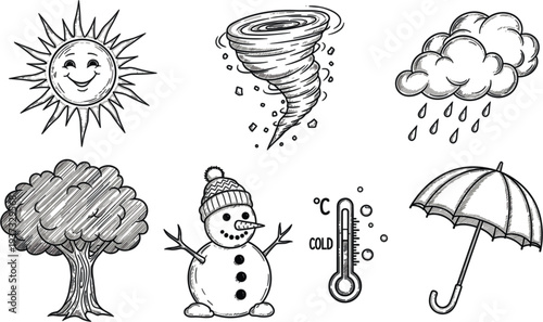 Hand drawn weather icon set featuring sun tornado rain cloud tree snowman thermometer and umbrella in a black ink doodle style.