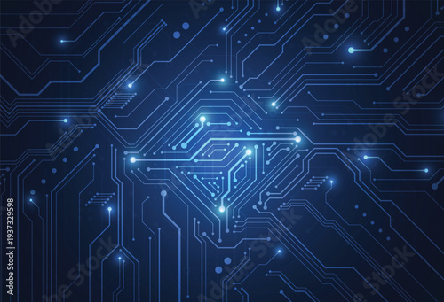 Circuit board with glowing blue connections and nodes