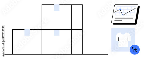 Organized storage shelves, clothing discount label, and analytics dashboard. Ideal for retail, e-commerce, inventory, logistics, warehouse sales analysis promotional ideas. Simple flat metaphor