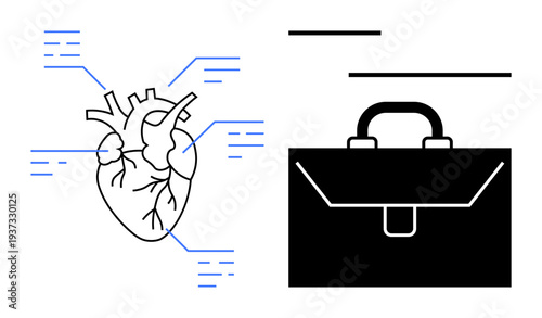 Medical research, business analysis, healthcare technology, career growth, data processing, strategic planning. Diagram of a human heart with annotations and a black briefcase icon. Medical research