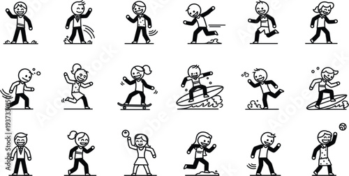 Black and white stylized action character silhouettes set featuring various poses and movements for graphic design projects and gaming icons.