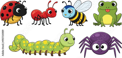 Collection of cute cartoon garden insects and animals featuring a ladybug ant bee frog caterpillar and purple spider.