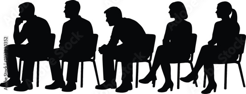 Set of 5 diverse people sitting in chairs silhouettes vector