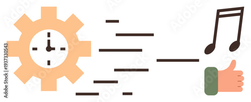 Productivity, efficiency, time management, creativity, positive feedback, workflow improvement. Gear with clock, flowing lines musical note thumbs-up symbol. Productivity and efficiency theme