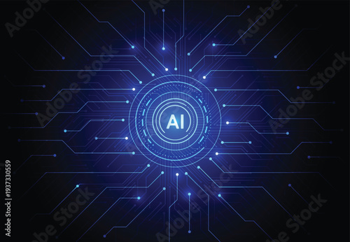 Artificial intelligence technology background with blue circuits and ai logo